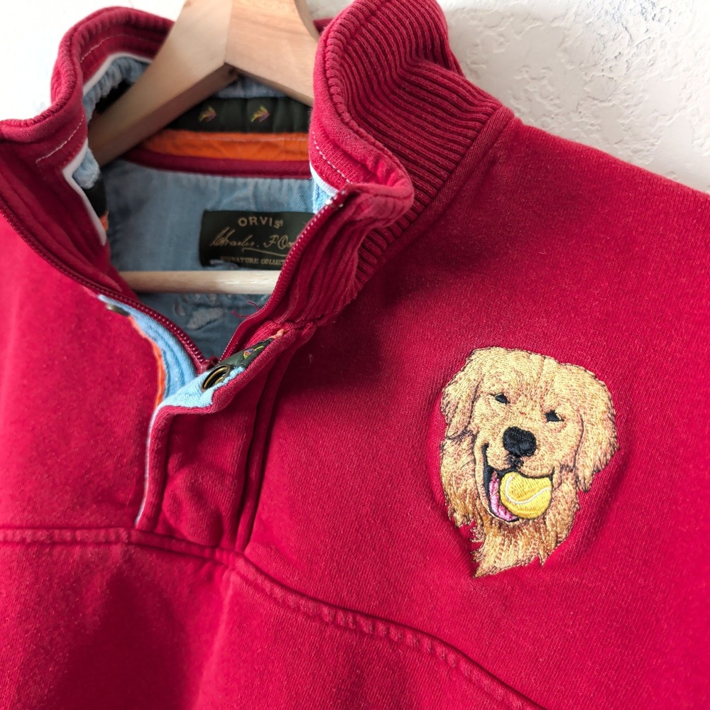 Vintage Orvis Red Golden Retriever Embroidered 1/4 Zip Sweatshirt XXL Dog Lover